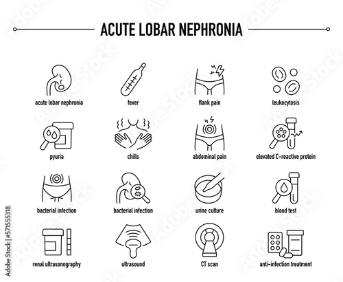 Acute Lobar Nephronia symptoms, diagnostic and treatment vector icon set. Line editable medical icons.