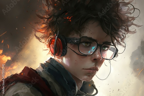a young teenager with wavy hair and glasses playing video games. He has a headset on looking gracefull