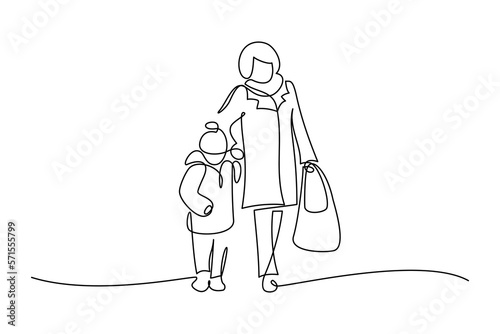 Mom walking together with her young kid. Continuous line art drawing style. Mother and child walking to kindergarten hand holding. Black linear sketch isolated on white background. Vector illustration