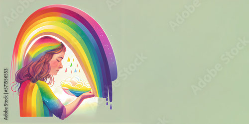  an illustration of a woman holding a pastel-colored rainbow, representing hope and diversity among women. Generative AI