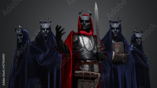Billede på lærred Portrait of four members of dark cult and their leader with sword
