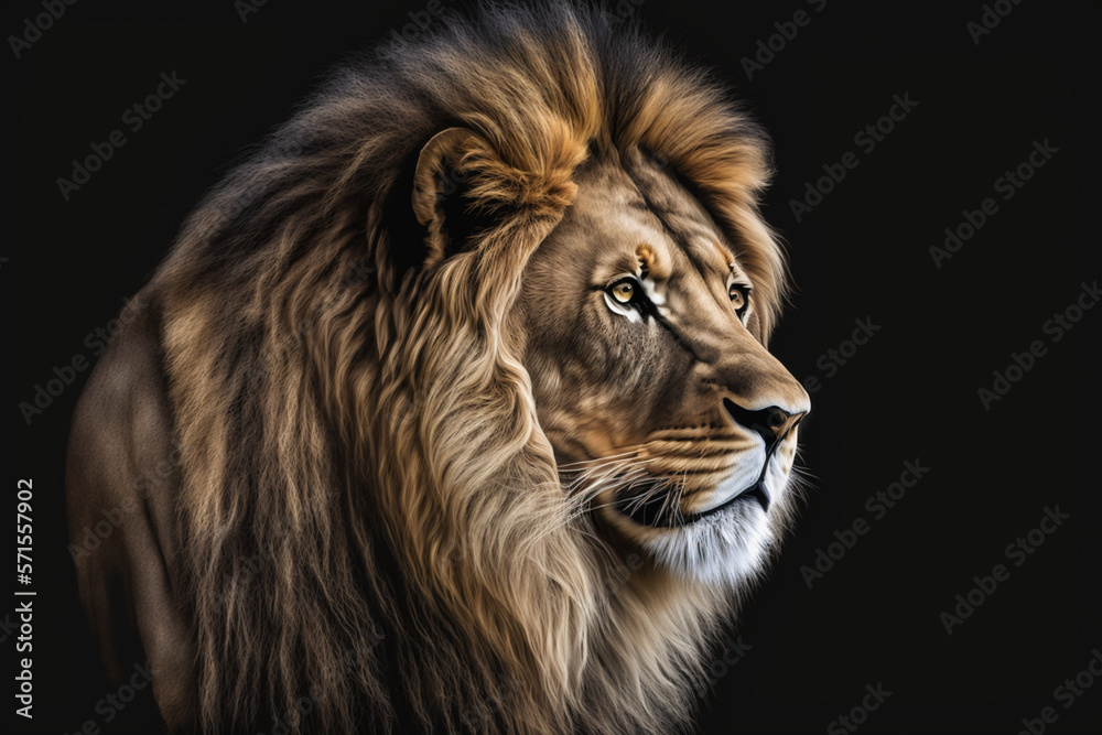 portrait of a lion on black background