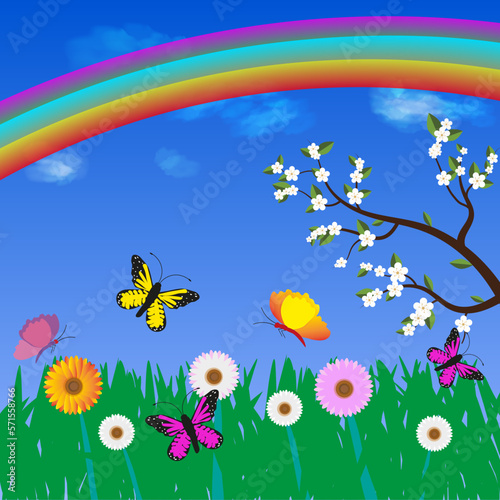 Vector cartoon illustration of a beautiful spring flat panorama background with colorful flowers rainbow  tree  butterflies
