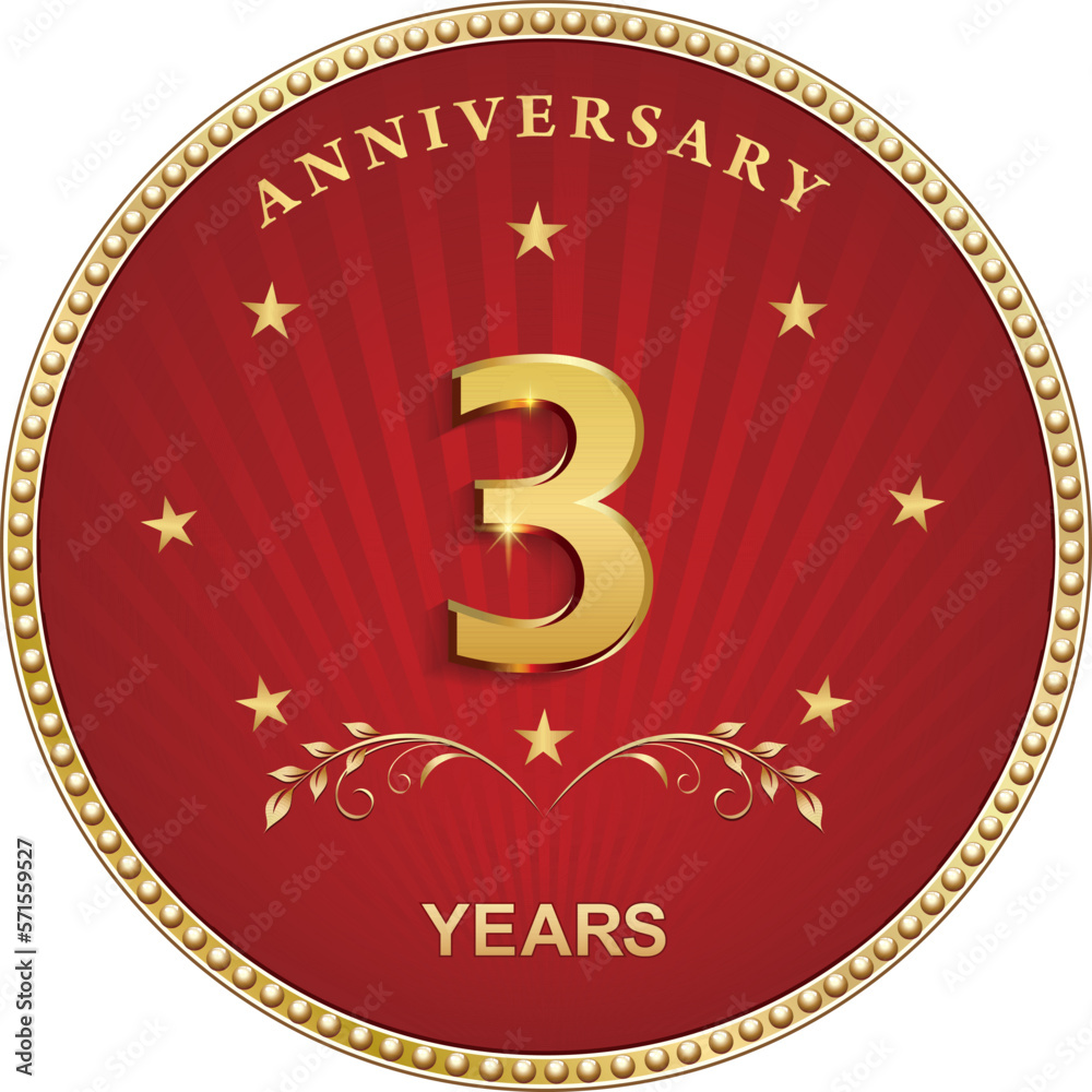 3 years anniversary logo design in golden circle on red background with stars for ceremonial event, wedding, greeting card and invitation. Vector illustration 3 years anniversary logo design in golden circle on red background with stars for ceremonial event, wedding, greeting card and invitation. Vector illustration
