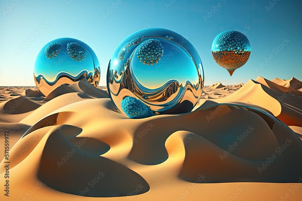futuristic abstract background. Under the bright blue sky, a desert environment with sand, water, and shiny metallic balls can be seen. Generative AI