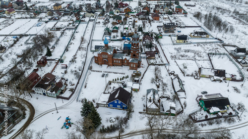 historical center of Borovsk with a church from a drone height on a winter snowy day