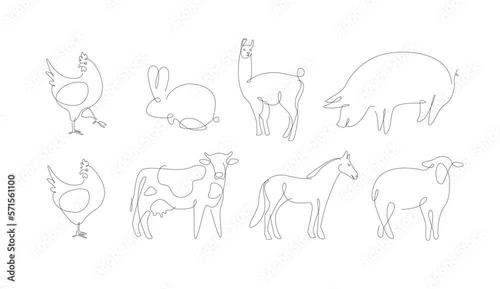 Household animals one line vector. Pets linear. Pig and chicken.  set of animals