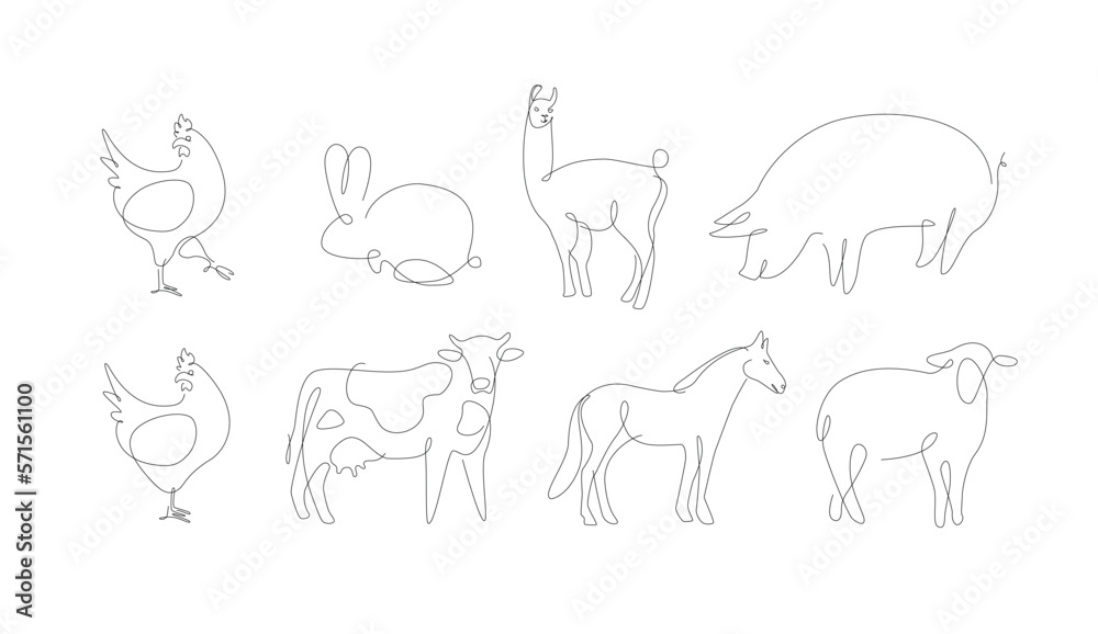 Household animals one line vector. Pets linear. Pig and chicken. set of animals Household animals one line vector. Pets linear. Pig and chicken. set of animals
