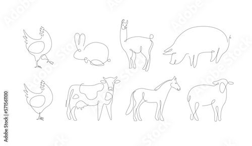 Fototapeta Naklejka Na Ścianę i Meble -  Household animals one line vector. Pets linear. Pig and chicken.  set of animals