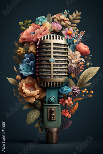 Retro microphone with flowers. Music festival concept. Generative AI. 