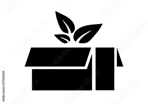Sustainable recycle cardboard box with black leaves isolated on white background. Simple biodegradable packaging pictogram. Vector flat design illustration.