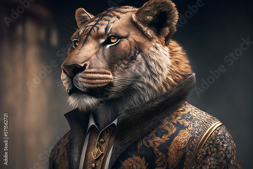 A debonair tiger exuding charm and elegance in a fashionable suit - Generative AI
