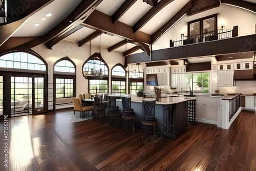 Beautiful and large living room interior with hardwood floors and vaulted ceiling in new luxury home. View of Kitchen, entryway, and second story loft style area - generative ai