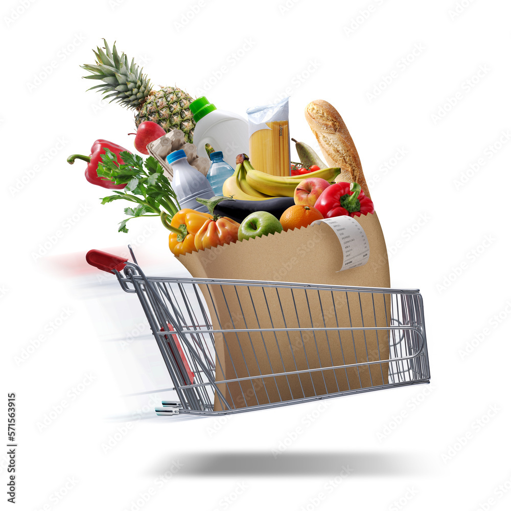 Fast flying shopping cart delivering groceries - obrazy, fototapety, plakaty 