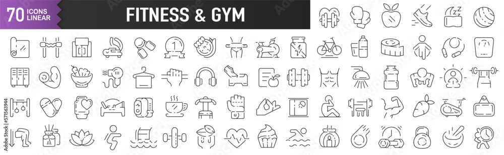 Fitness and gym black linear icons. Collection of 70 icons in black. Big set of linear icons