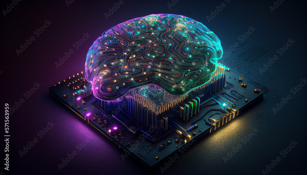 An AI interface that resembles a holographic brain, with lights and