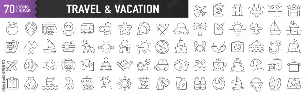 Travel and vacation black linear icons. Collection of 70 icons in black. Big set of linear icons Travel and vacation black linear icons. Collection of 70 icons in black. Big set of linear icons