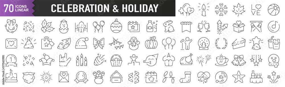 Celebration and holiday black linear icons. Collection of 70 icons in black. Big set of linear icons