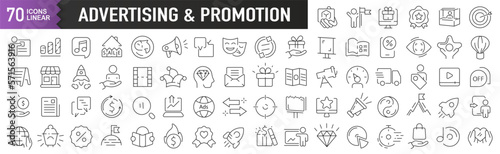 Advertising and promotion black linear icons. Collection of 70 icons in black. Big set of linear icons