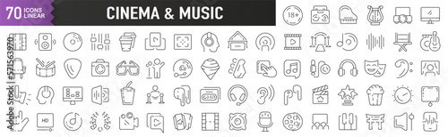 Cinema and music black linear icons. Collection of 70 icons in black. Big set of linear icons