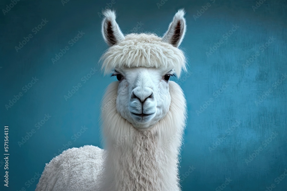 Alpaca in white against a blue background. Generative AI