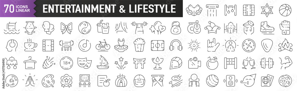 Entertainment and lifestyle black linear icons. Collection of 70 icons in black. Big set of linear icons