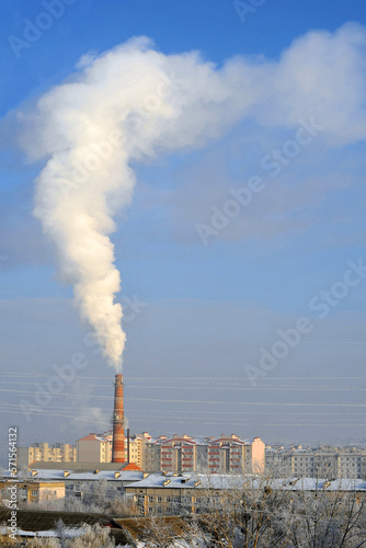 Municipal boiler room smoke in the residential area of the city