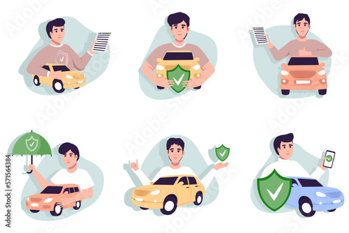 Car insurance coverage concept. Automobile protection, security, safety set. People protecting car with insurance and signing form with red auto.