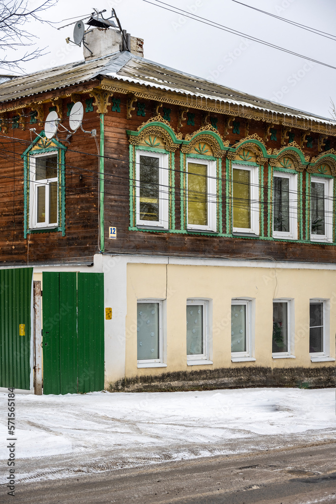 urban landscapes on a winter day with unusual houses in the center of the ancient city of Borovsk