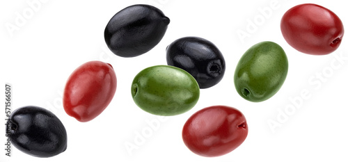 Falling olives mix isolated on white background