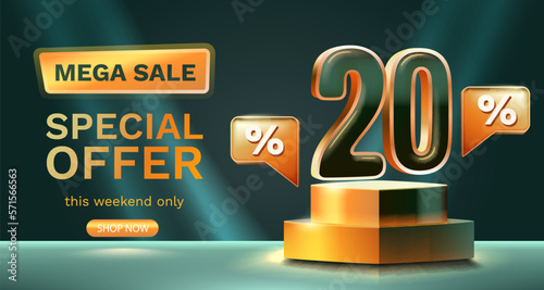 20 percent Special offer mega sale, Check and gift box. Sale banner and poster. Vector