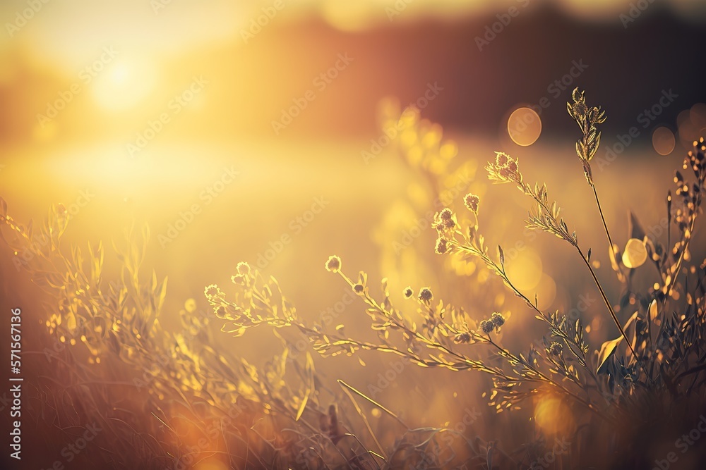 Φωτογραφία Happy new day concept: Stunning yellow meadow autumn sunrise with bokeh beautifu