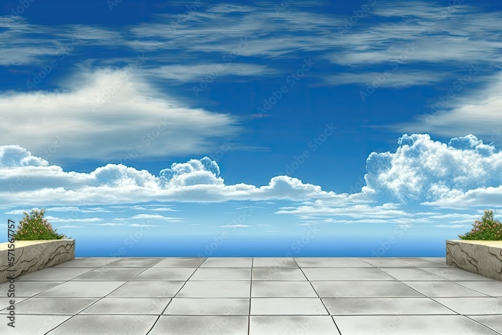 Background of a landscape with a blue sky, lovely clouds, and an empty concrete floor. Generative AI