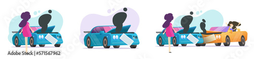Car broken with woman vector, auto vehicle breakdown collided in smoke illustrated graphics, two female girls arguing in automobile crash accident clipart set image