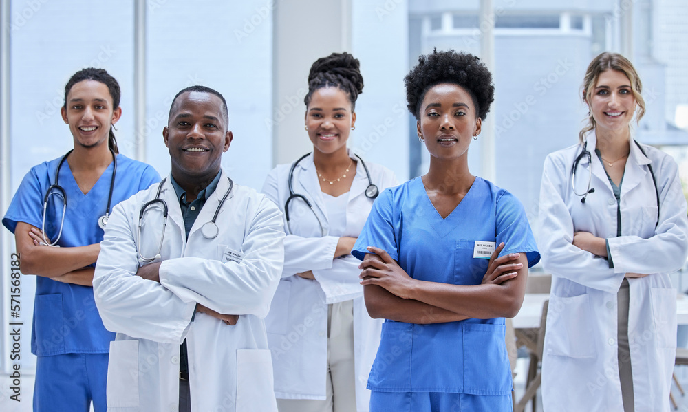 Proud, diversity and doctors portrait in healthcare mission, hospital values and teamwork or leadership. Group of medical staff, nurses or professional employees face of USA clinic in workforce goals