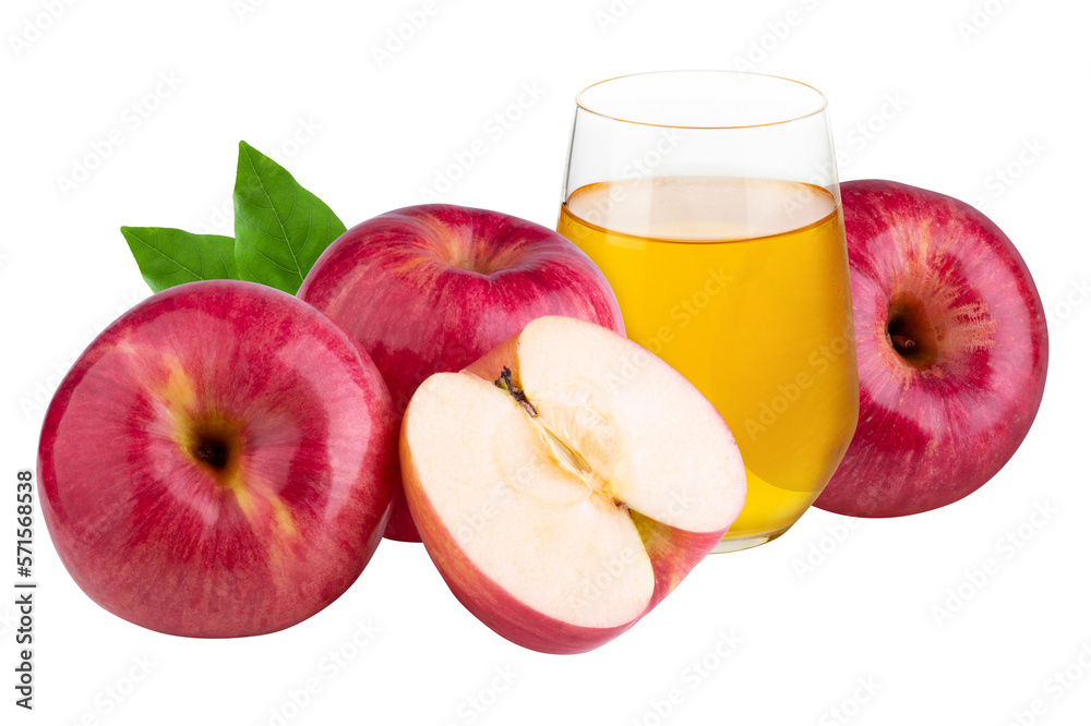 Red apple and apple juice isolated on a transparent background.