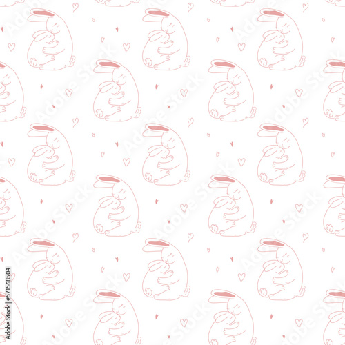 Seamless pattern of cute pink bunnies on a white background. Suitable for children's print. Vector illustration in a doodle style for decor, wrapping paper, fabric