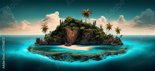 Exotic tropical volcanic island in a turquoise sea, generative AI © FrankBoston