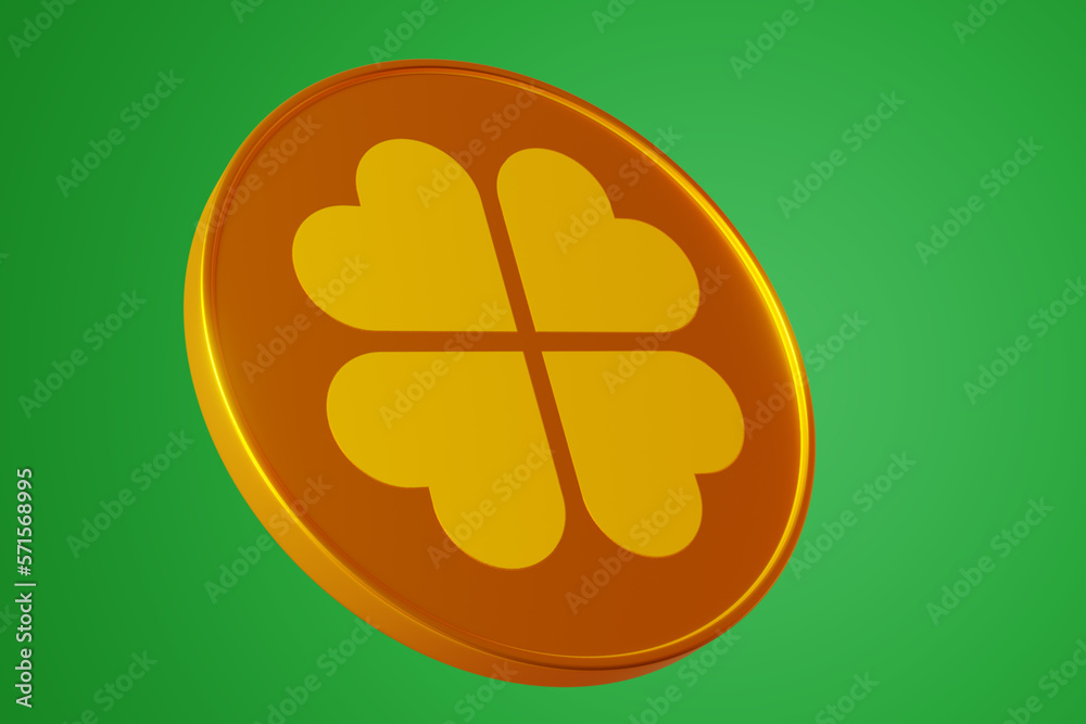 Patrick day. Close-up one gold coin with clover quatrefoil on an isolated background. 3d rendering Patrick day. Close-up one gold coin with clover quatrefoil on an isolated background. 3d rendering