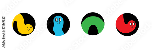 Geometric cute color worms coming, flying, jumping, looking through and out of holes. Happy enthusiastic lively characters. Search, explore concept. Graphic vector illustration