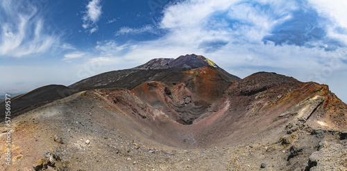 The colorful volcanic landscape panoramic view to the north of Etna's volcanic crater