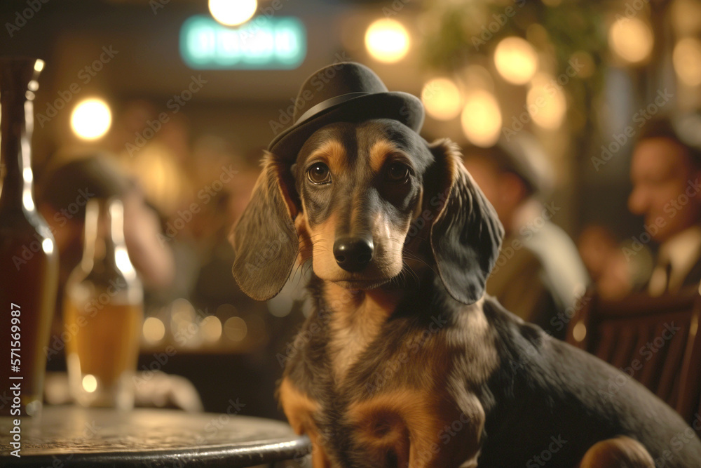 A Dachshund dog is a dapper gangster with hat at a classy vintage jazz club, generative ai