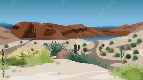 Cacti on the sand near the lake near the rock