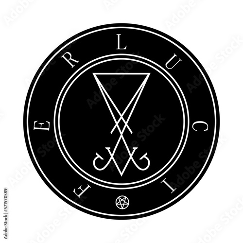 Sigil of Lucifer icon, sticker or t-shirt print design illustration in Gothic style. Lucifer text in circle, vector isolated on white background. 
