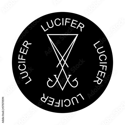 Sigil of Lucifer icon, sticker or t-shirt print design illustration in Gothic style. Lucifer text in circle, vector isolated on white background. 