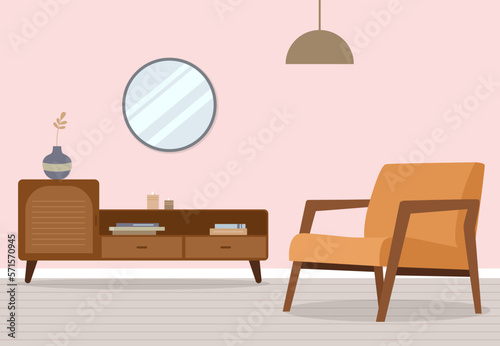Illustration of minimalistic mid century furniture interior room vector stock design