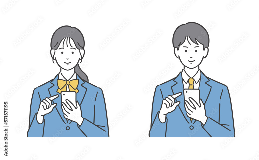 スマホの操作をする男子学生と女子学生のイラスト スマホの操作をする男子学生と女子学生のイラスト