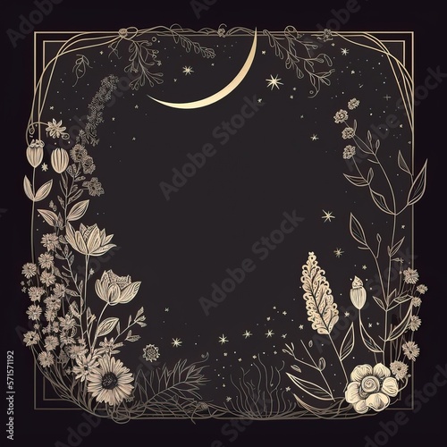 boho frame with flowers, celestial trendy linear style, mystical borders, line art, vector, moon, filagree, dark background