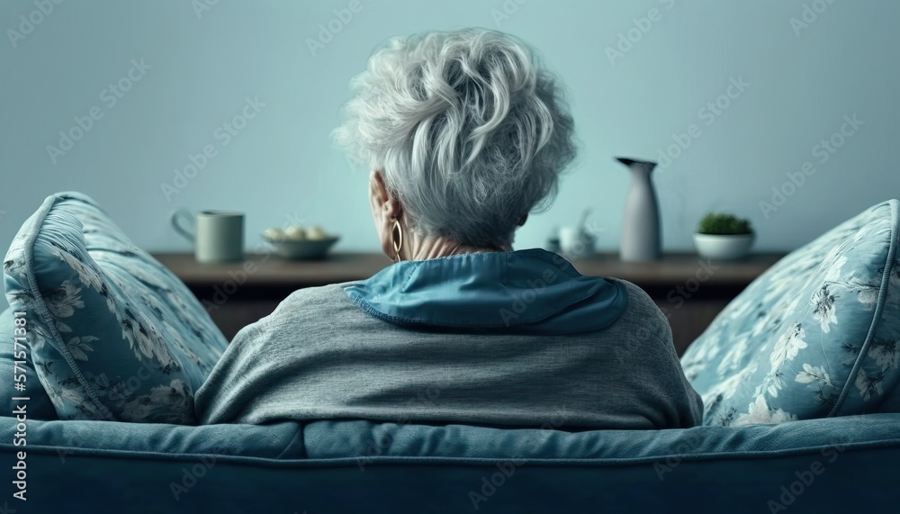 old elder person sitting on a sofa from behind alone, isolation loneliness 3rd age, realistic, blue color - obrazy, fototapety, plakaty 