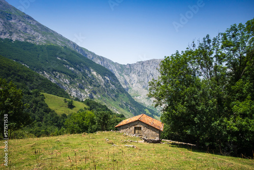 Mountain landscape and sheepfold, Picos de Europa, Asturias, Spain